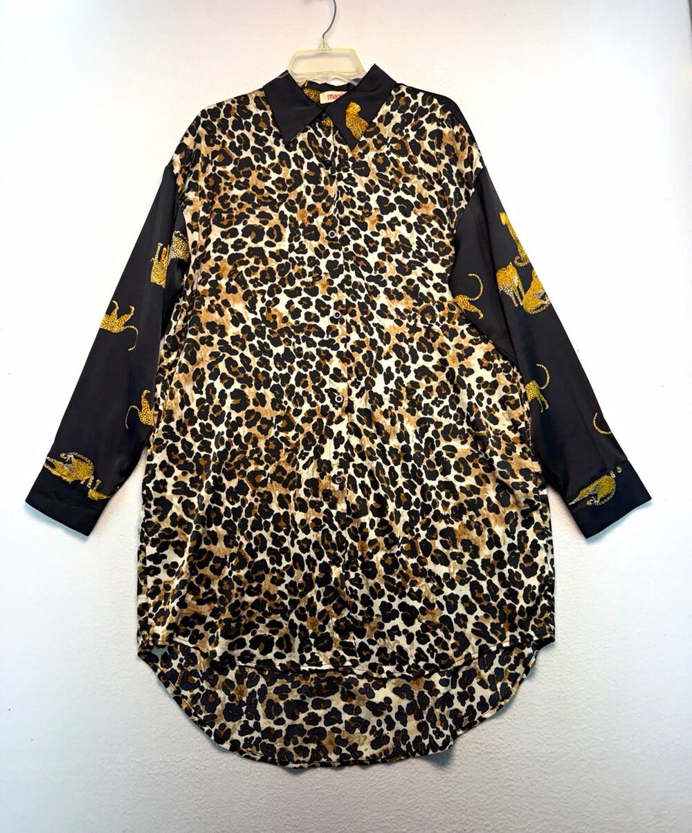 MAZIK Women L Leopard Print Collar Button Up Long Sleeve dress pockets feminine